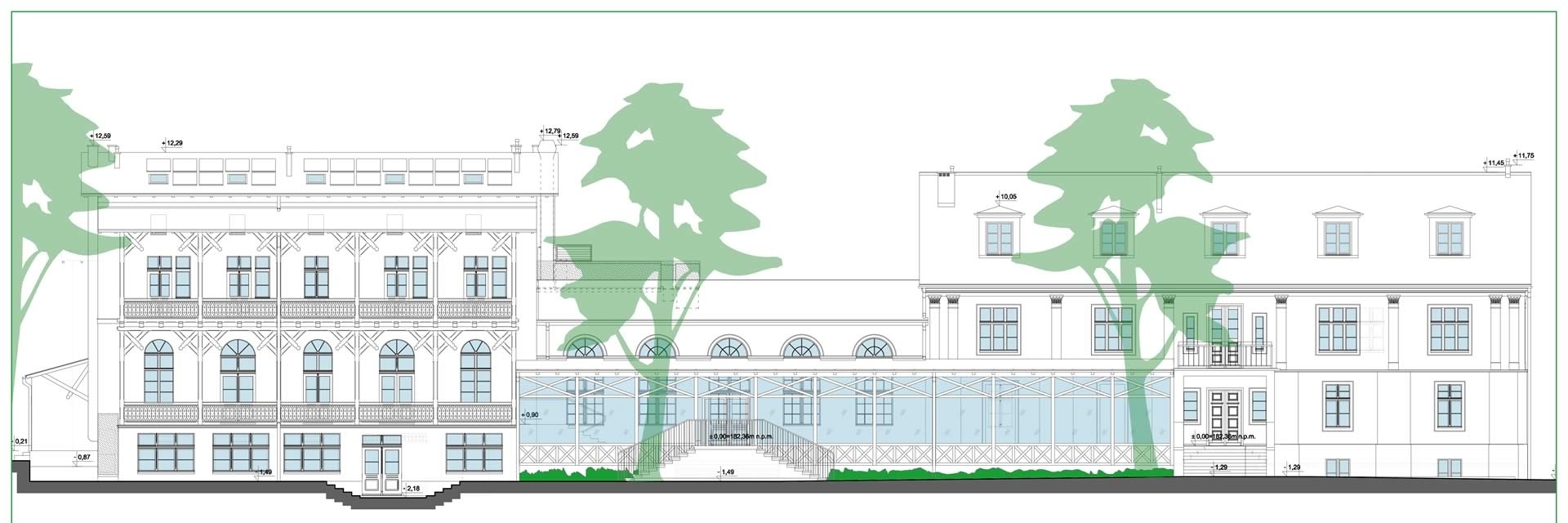 Projekt architektoniczny elewacji zabytkowego pałacu sanatoryjnego w Obornikach Śląskich