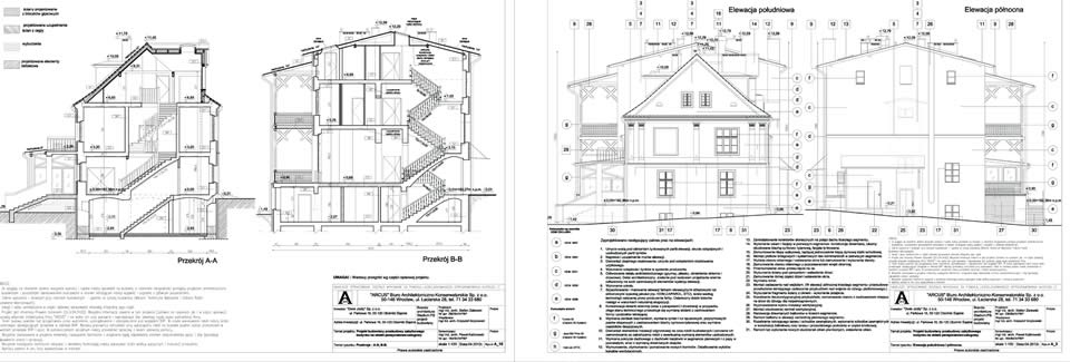 Przekroje architektoniczne i elewacje projektu budowlanego pałacu w Obornikach Śląskich